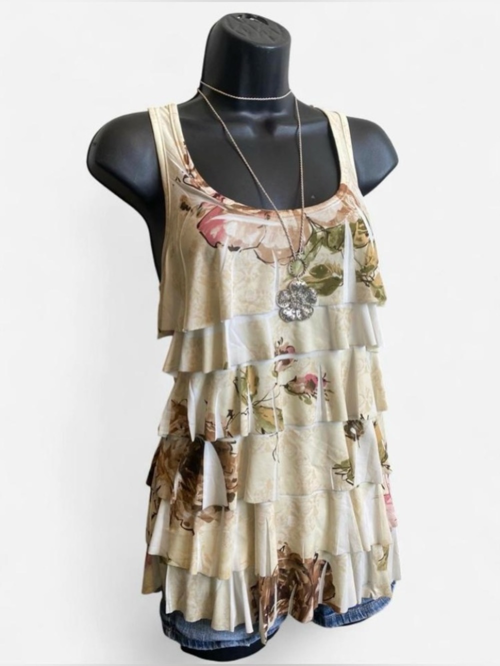 Y2k Forever21 Fairycore Ruffled Tank Top with Floral Design